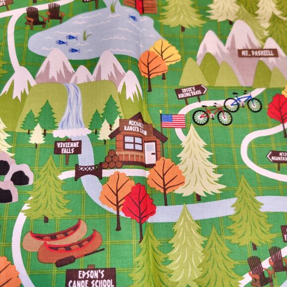 Cotton Fabric Green North Woods Cabins Trails Forest Campsite 24x44 Quilting - Picture 10 of 14